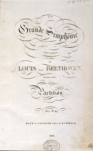 ドイツの作曲家ルートヴィヒ・ヴァン・ベートーヴェン（1770-1827）の交響曲第1番ハ長調（1799-1800）のスコアのドイツ初版の正面図。ボン 作： Unknown artist