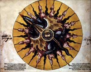 P.アピアーノが書いたプトレメウス説に基づく天文学書 "Astronomicum Caesarium "の太陽を描いた正面図。 作： Unknown artist