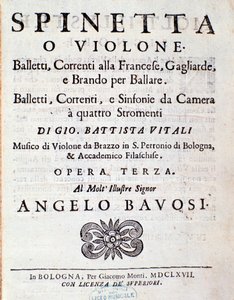 ジョヴァンニ・バッティスタ・ヴィターリ作「Balletsti, correnti alla francese opus 3」の楽譜の扉（リトグラフ）。 作： Unknown artist