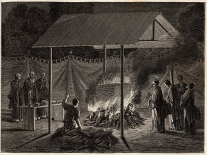 葬儀：儀式的な焼却。1863年から1864年にかけての日本への航海を説明するために、スイス連邦公使のアイム・アンベールがエドゥアール・シャルトンの指揮のもとに出版した「Le tour du monde, nouveau journal des voyages」に掲載されたエングレービング 作： Unknown artist