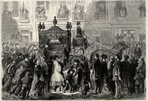 パリで行われたジョアッキーノ（ジョアキーノ）・ロッシーニ（1799-1868）のオブラートに包まれた葬儀のコルテージュ。"The Universe illustrious "に掲載されたエングレーヴィング 作： Unknown artist