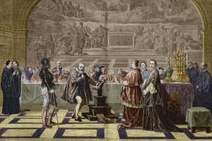 バチカンにある聖職者（聖庁）の異端審問の前のガリレオ（ガリレイ）（1632年）.ロベール・フルーリージョセフ・ニコラ（1797-1890）の絵の後にエングレーヴィングされたもの。