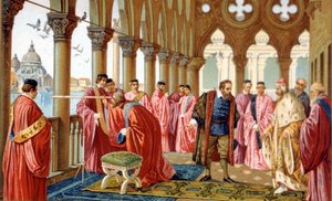 ガリレオ・ガリレイ（1564 - 1642）がヴェネツィアのドゥカーレ宮殿でそのベゼルを披露している様子。 作： Unknown artist