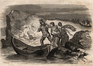 紀元前58～51年のガリア戦争。アリオヴィストゥス率いるドイツ民族に対するローマの勝利 - アリオヴィストゥスはライン川の再横断を余儀なくされた - Arioviste force de iron the Rhine - "Dictionnaire populaire illustrious" の刻印 - 1864年 - Joseph December と Edmond Allonier によるもの。 作： Unknown artist