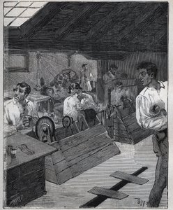ガルバニックギルディング：スクレーパーボースで金の宝石を削ること。Adolphe BITARDの "Les arts et metiers illustres "に掲載された1885年のエングレーヴィング。 作： Unknown artist