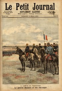 フェリックス・グスタフ（Felix-Gustave）ソシエ将軍（1828-1905）とそのスタッフは、ヴァンセンヌで軍隊を閲兵した。Le petit journal illustrious" 09/05/1891に掲載されたエングレーヴィング。セルバのコレクション。