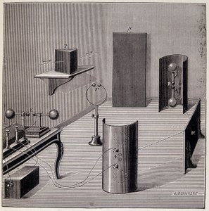 ハインリッヒ・ヘルツ（1857-1894）の電波に関する実験の全体像 - Emile Desbeaux著「Physique populaire」（Flammarion）より 作： Unknown artist