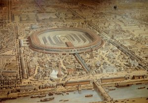 1867年のパリ万国博覧会の全景。中央にはシャン・ド・マルスの軍事学校がある。エングレーヴィング パリ、カルナヴァレ美術館