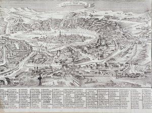 主要な建物やモニュメントの詳細が描かれたウィーンの街の全景。オーストリア 1800年からのエングレーヴィング 個人蔵 作： Unknown artist