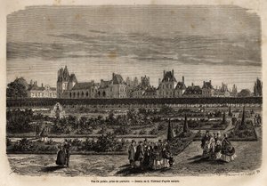フォンテーヌブローの宮殿と庭園を床から撮影した全体図。1867年にM.Paysが「Le tour du monde, nouveau journal des voyages」に掲載したフォンテーヌブローの城と森の記述を説明するためのエングレーヴィング。 作： Unknown artist