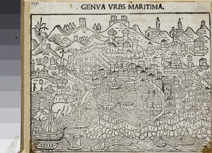 海事都市ジェノヴァ、「Supplementumchronarum」より、Jacopo Filippo Foresti作、ベネチア1486年（木版画） 作： Unknown artist