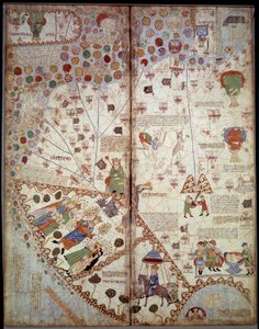 地理的な地図中国、ガンジス川流域、スマトラ島、セイラン島。Catalan Atlas (Catalan map) (スペイン)。アブラハム・クレスケによる1375年の写本（フォリオ2v〜フォリオ3）。BN、パリ 作： Unknown artist