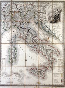 リソルジメント以前にイタリアを構成していた各州の境界線が描かれた1850年のイタリアの地理的地図。 作： Unknown artist
