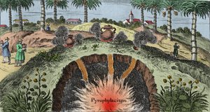 地質学：地球の皮を切ることで、地球からの火の出口を説明する。ヨハン・ザーン（1631-1707）の「Mundi Mirabilis Oeconomia」からの版画 作： Unknown artist