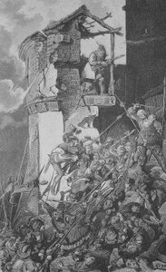 ドイツ農民戦争（1524-1526年）：シュトゥットガルトの北東約40km、シュヴァーベンの森の中心に位置するレムス＝ムール＝クライスの小さな町ムールハルトの荒廃 作： Unknown artist