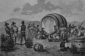 ドイツ農民戦争（1524-1526年）：大きなワイン樽とジュニパーでキャンプする農民たち 作： Unknown artist