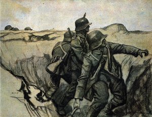 塹壕から敵軍に向かって手榴弾を投げるドイツ兵。26/5/1917. 作： Unknown Artist