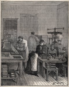 19世紀のフランスの工房で、鉄で本（カバー）に金メッキを施したもの。Adolphe BITARDの "Les arts et metiers illustres "に掲載された1885年のエングレーヴィング。 作： Unknown artist