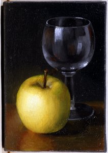 ガラスと黄色いリンゴ - 静物画, 油彩・キャンバス 作： Unknown artist