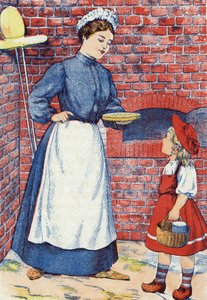 そのケーキとバターの入った鍋をおばあちゃんに持って行ってあげなさい。フランスの作家、シャルル・ペロー（1628-1703）の物語「赤ずきんちゃん」の匿名のイラスト。イメージ：Marcel Vagne, Jarville Nancy, undated (19世紀後半). 作： Unknown artist