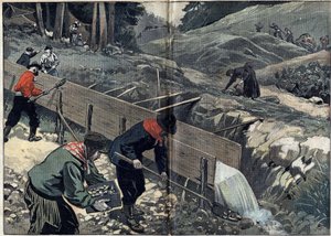 アラスカのゴールドラッシュ。金の泥を洗う求職者たち。新しい金鉱探しの人々がキャンプに到着する間、女性がペープサートを拾っている。2月20日付「ル・ペレラン」掲載のイラスト 作： Unknown artist