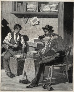 ゴールドビーター。Adolphe BITARDの "Les arts et metiers illustres "に掲載された1885年のエングレーヴィング。 作： Unknown artist