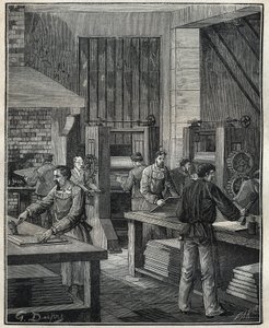 金細工師：特別な銀製品を作るために、板の準備、金属の準備をする。Adolphe BITARDの "Les arts et metiers illustres "に掲載された1885年の図版。 作： Unknown artist