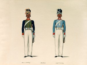 ゴルンダウズ、マドラスの馬砲。そして、1835年頃のマドラス軽騎兵、ソワール。 作： Unknown