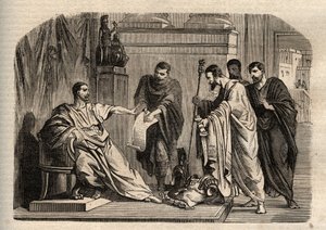 皇帝の威光を拒むゴルディアス1世 (158-238) - ゴルディアス1世（Marcus Antonius Gordianus Sempronianus Romanus Africanus）は皇帝の威光を拒んだ - "Dictionnaire populaire illustrious" の刻印 - 1864年 - Joseph Decembre と Edmond Allonier によるもの - 。 作： Unknown artist