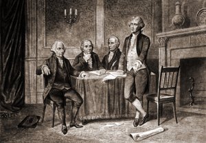 モリス知事（1752-1816）、アダムス、ハミルトン、ジェファーソンと。 作： Unknown artist