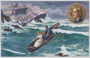 1838年、難破船 "フォルファーシャー号 "の生存者を救出するため、父とともに漕ぎ出すグレース・ダーリング。(クロモリソ) 作： Unknown artist