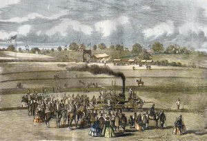 グレートブリテン農業、耕作風景。1854年、Louthの近くで行われたBoydell steam plow。(Louthの近くでBoydellのエンジンを使って蒸気で耕す)。 作： Unknown artist