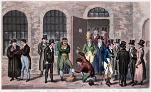 イギリスの刑務所。ロンドンのニューゲート刑務所（チャールズ・ディケンズの小説でよく登場する）には死刑判決が下されている。1823年頃のエングレーヴィング。ビルビオテーク・オブ・デコラティブ・アート。 作： Unknown artist