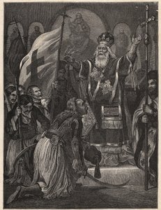 ギリシャ独立戦争 1821年～1829年：自由への戦いの旗を祝福する旧パトラスの司教ゲルマノス（ジェルマン）3世（ゲオルギオス・ゴツィアス）、アギア・ラヴラ修道院（サント・ロール・デュ・ペロポネソス）、1821年3月21日 - 絵画の後の彫刻 作： Unknown artist