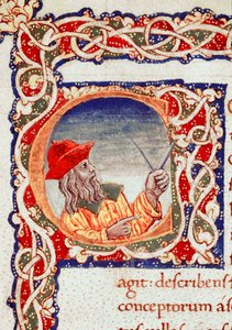ギリシャの天文学者クロード・プトレミー（Claudius Ptolemaeus）（西暦90年頃～168年頃）がコンパスを使って計算している様子 ミニチュアは『Cosmographia』（Ms.V.F. 32 f.2r）より引用 ナポリ国立図書館 作： Unknown artist