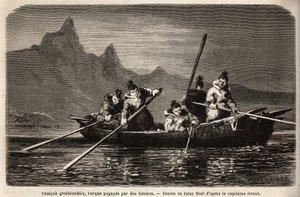 グリーンランドのウミアック、女性が操る船の一種。1860年から1862年にかけて、アメリカ海軍の外科医ヘイズ博士が行った北極圏の自由海への航海を描いたもので、「Le tour du monde, nouveau journal des voyages」に掲載されている。 作： Unknown artist