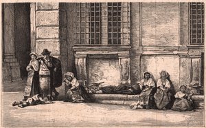 イタリア、ローマのファルネーゼ宮殿の前に座っているナポリの農民のグループ 作： Unknown