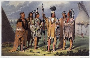 6人のインディアンの酋長のグループ - Paul Kane著「Wandering of an artist among the indians of North America」（Longmans & Roberts, London）より 作： Unknown artist