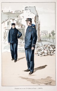 Guardians de la paix（1870年～1871年のパリの第一席）。アルフレッド・レイ(1864-?)がセーヌ川警部のルイ・ルピーヌ(1846-1933)の後援で出版した本「平和の戦士たちの歴史」の挿絵のためのカラー・エッチング。 作： Unknown artist