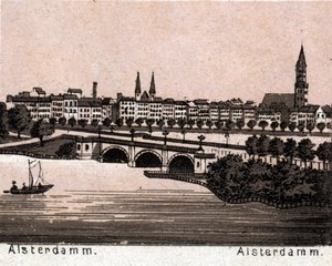 ドイツ・ハンブルグ（Hamburg）：アルスターダム（Alsterdamm）の眺め。「世界図説168景」より 未発表（19世紀末 作： Unknown artist