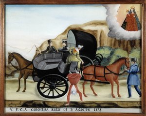 2つのカリオルの間に吊るされた乗客の落下 - ガラスに描かれた絵画、ノートルダム・ド・ラゲの元写真 作： Unknown artist