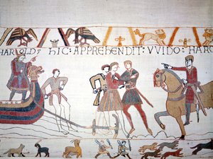 ハロルド2世（1022年〜1066年）はノルマンディーに上陸し、征服王ウィリアム1世（1027年〜1087年）に捕らえられました。マチルド王妃の刺繍」として知られるバイユーのタペストリー 作： Unknown artist
