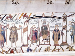 ハロルド2世（1022〜1066）は、1066年にエドワード懺悔王が死去した際に王を宣言しましたが、ヘイスティングスの戦いですぐに亡くなりました。バイユーのタペストリーまたはマチルド王妃の刺繍