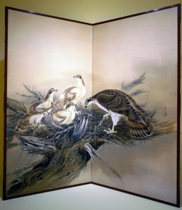 鷹、巣、壊れた木（シルクにインクと色） 作： Unknown artist