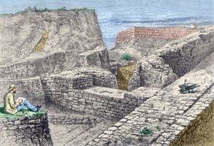 発掘中のトロイの壁（ヒサールリク）の図面を撮るハインリッヒ・シュリーマン