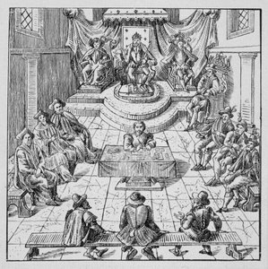 1576年にブロワで開催されたエステイト・ジェネラルを開催するアンリ3世（1551 - 1589） - 「1562年から1586年までのフランスの災難を表す39の図像コレクション」（ルイ・ペラン印刷）より 作： Unknown artist