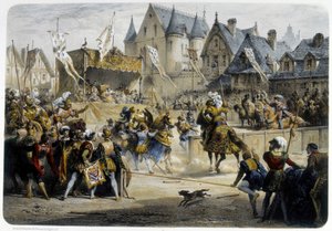 アンリ2世（1519年～1559年）、1559年6月29日のトーナメントでモンゴメリーに致命的な傷を負わされる、サン・アントワンヌ通り、トゥルネル宮の前 - リトグラフ 作： Unknown artist