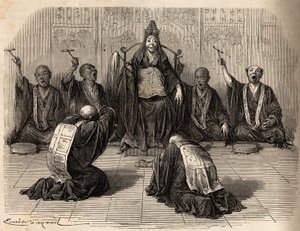 高僧が崇拝され、その周りを弟子たちがゴングとシンバルで儀式のリズムをとっている。1863年から1864年にかけての日本への航海を説明するために、スイス連邦公使のアイム・アンベールが「Le tour du monde, nouveau journal」に描いた版画。 作： Unknown artist