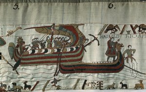 嵐に乗ったハロルド2世(1022 - 1066)の船(ドラッカー)がポンチューの海岸で座礁 - マチルド王妃の刺繍として知られるバイユータペストリー 作： Unknown artist