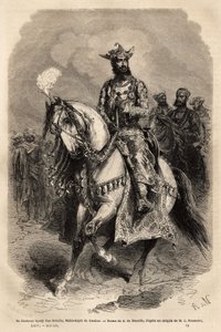 グワリオル（現在のマディヤ・プラデーシュ州）のマハラジャ、シャジ・ラーオ・シンディア殿下（1846-1886）。ルイ・ルースレが1864年から1868年にかけて描いた「ラジャのインドを描くためのエングレーヴ」（1872年、エドゥアール・シャルトン編『世界旅行』に掲載）。 作： Unknown artist